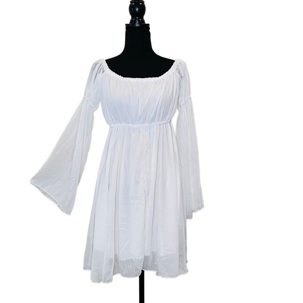 Pretty Little Thing Tie Back Bell Long Sleeve Fit & Flare White Dress Medium